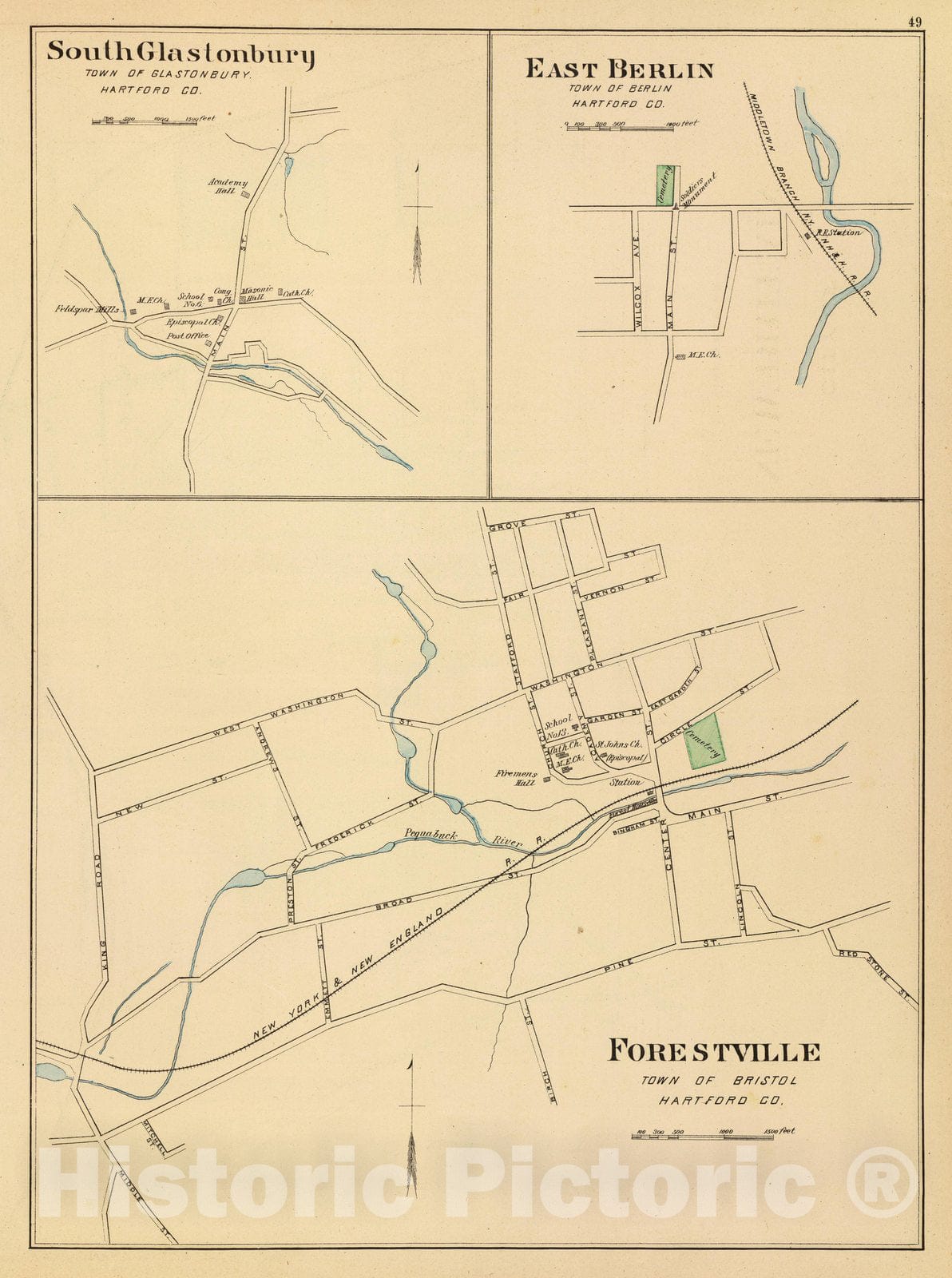 Historic Map : State Atlas Map, Forestville, S. Glastonbury, E. Berlin. 1893 - Vintage Wall Art