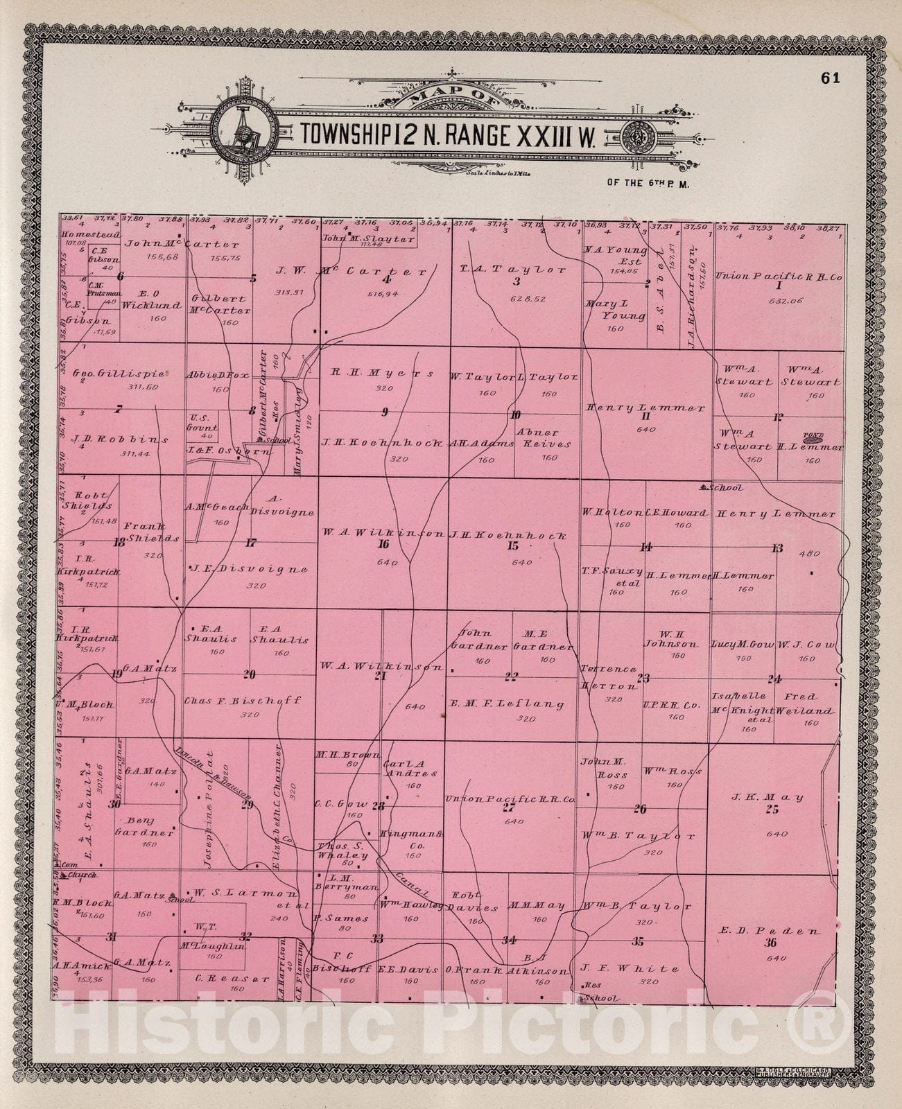 Historic Map : Dawson County Nebraska, County Atlas Map, Township 12 N. Range XXIII W. 1904 - Vintage Wall Art