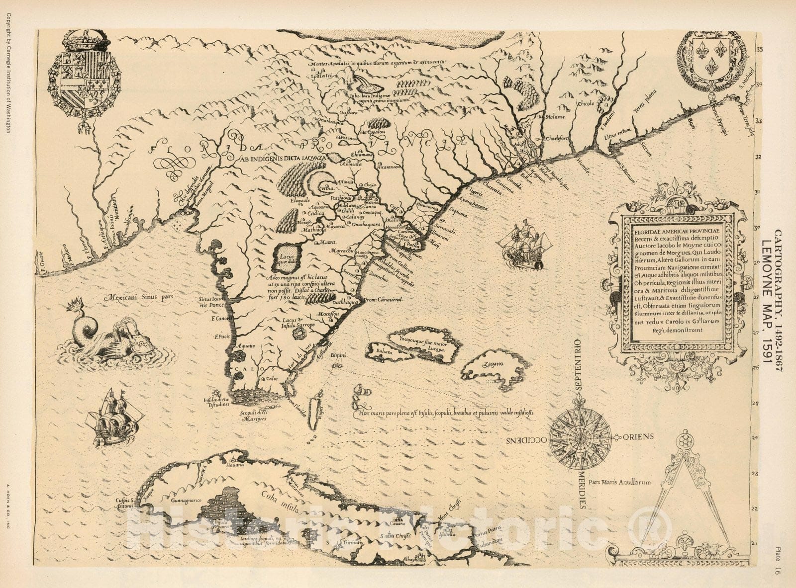 Historic Map : Plate 16. Facsimile Cartography 1492-1867. Lemoyne Map, 1591 - Vintage Wall Art