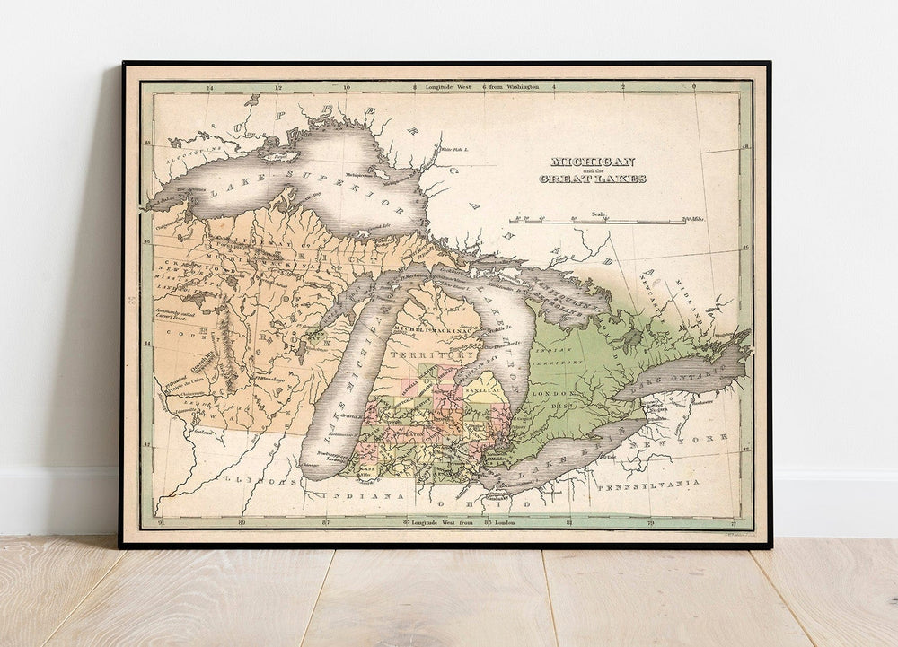 Historic Map - World Atlas Map, Michigan and the Great Lakes 1838 - Vintage Wall Art