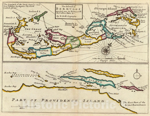 Historic Map : Bermuda,Island of Bermudos, Part of Providence Island. 1736 , Vintage Wall Art