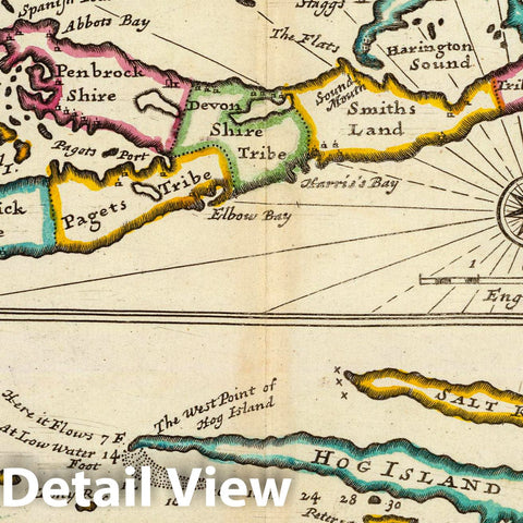 Historic Map : Bermuda,Island of Bermudos, Part of Providence Island. 1736 , Vintage Wall Art