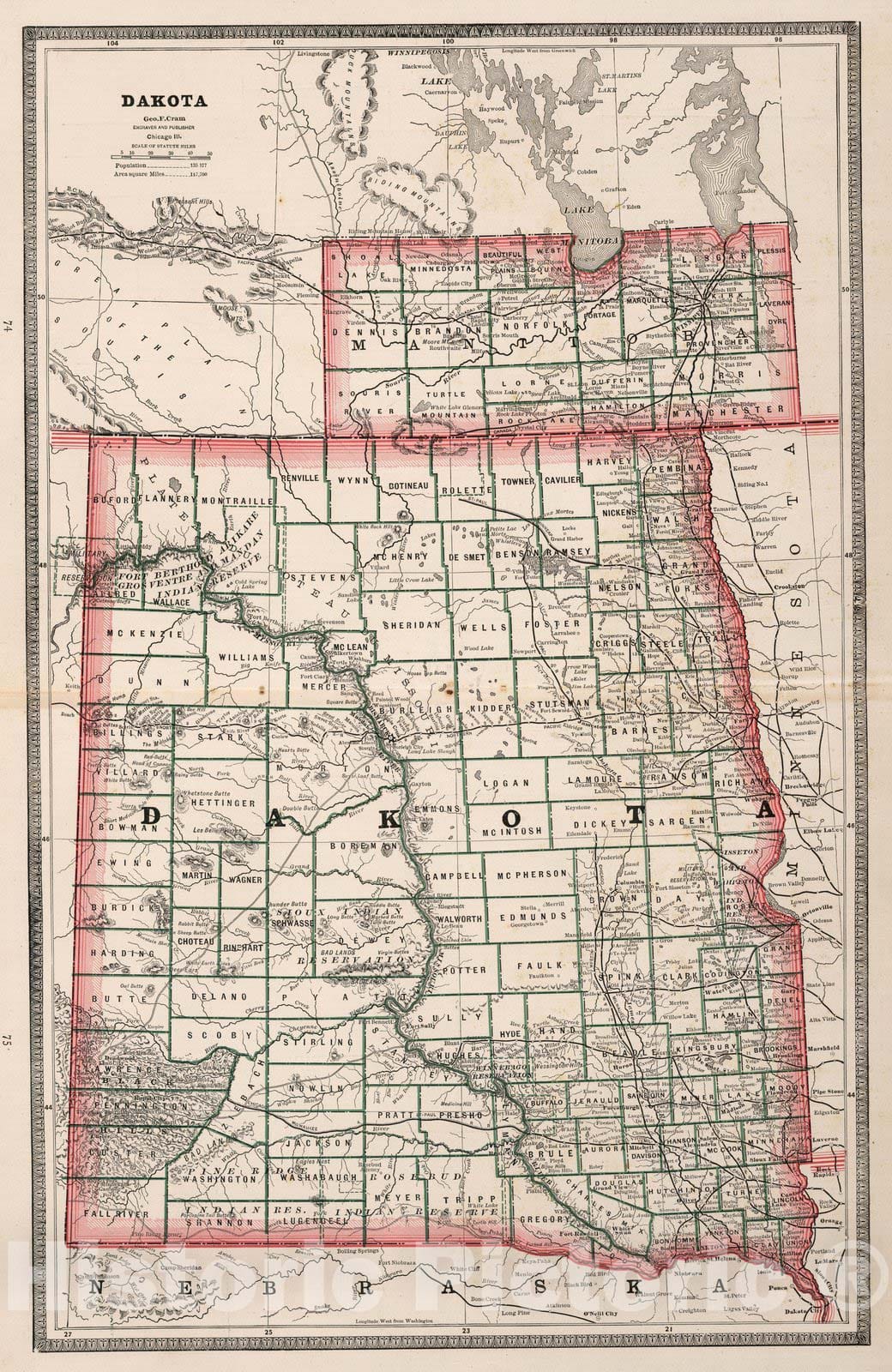 Historic Map : World Atlas Map, Dakota. 1883 - Vintage Wall Art