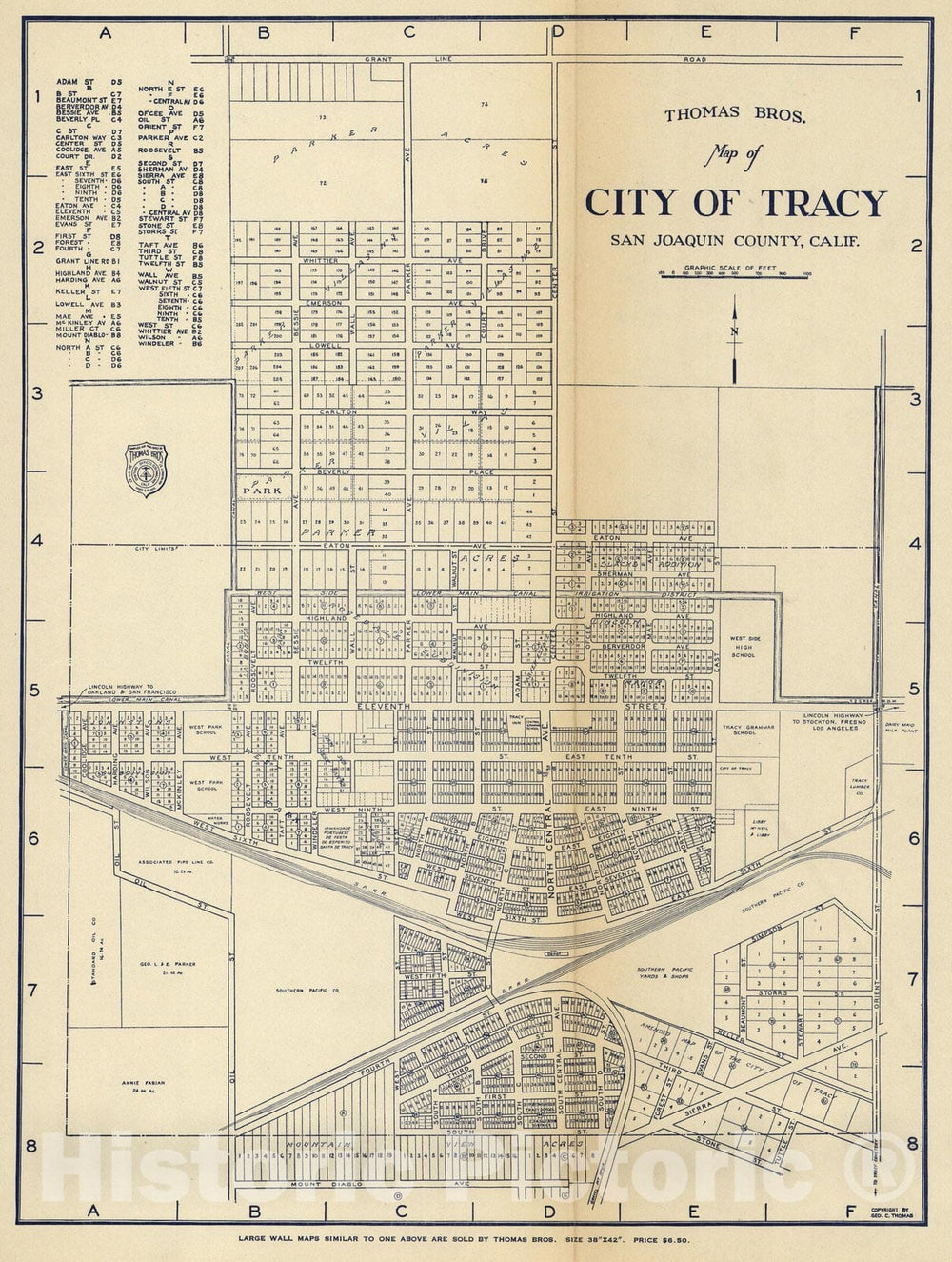 Historic Map - Thomas Bros. Map of City of Tracy, San Joaquin Conty, California, 1938, - Vintage Wall Art