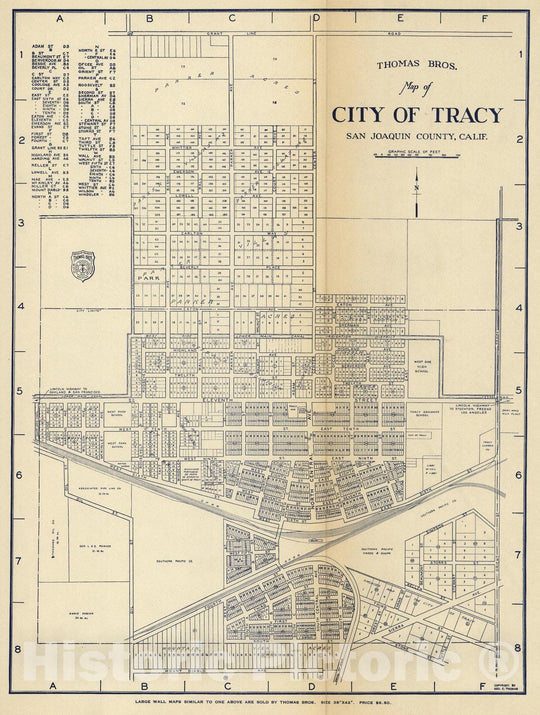 Historic Map - Thomas Bros. Map of City of Tracy, San Joaquin Conty, California, 1938, - Vintage Wall Art