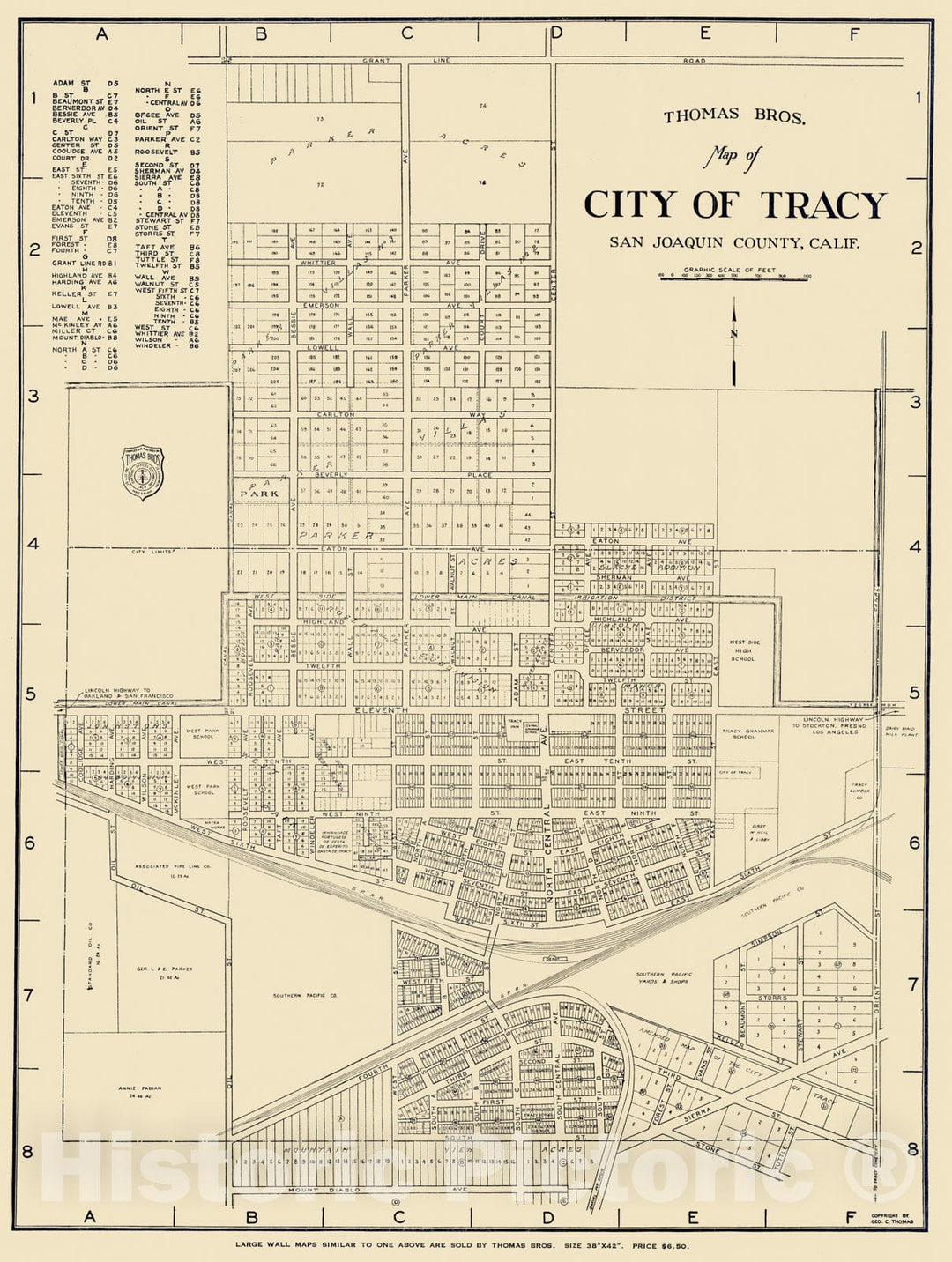 Historic Map - Thomas Bros. Map of City of Tracy, San Joaquin Conty, California, 1938, - Vintage Wall Art