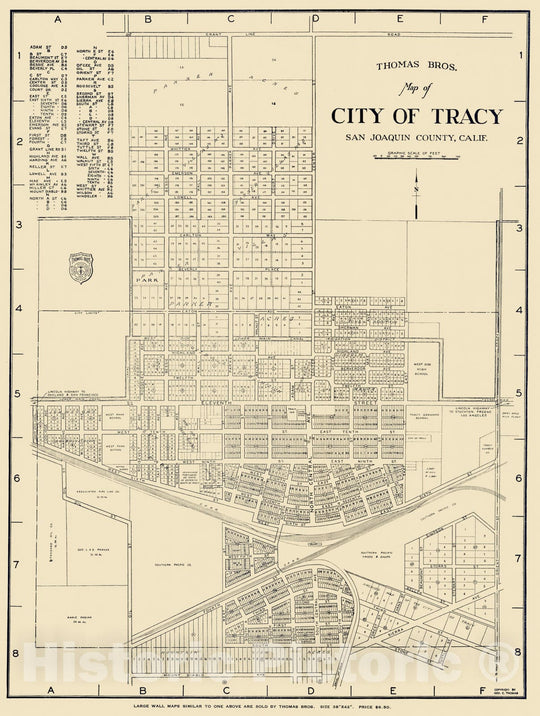Historic Map - Thomas Bros. Map of City of Tracy, San Joaquin Conty, California, 1938, - Vintage Wall Art