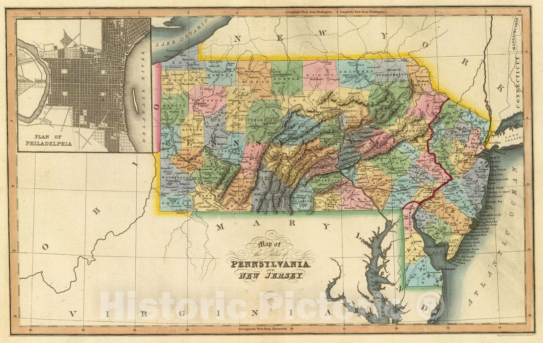 Historic Map : Delaware, Penn, N.J. 1832 , Vintage Wall Art