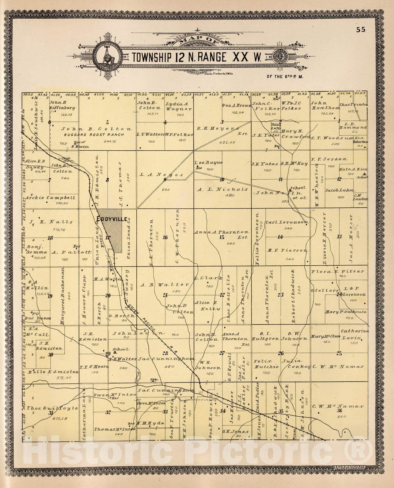 Historic Map : Dawson County Nebraska, County Atlas Map, Township 12 N. Range XX W. 1904 - Vintage Wall Art