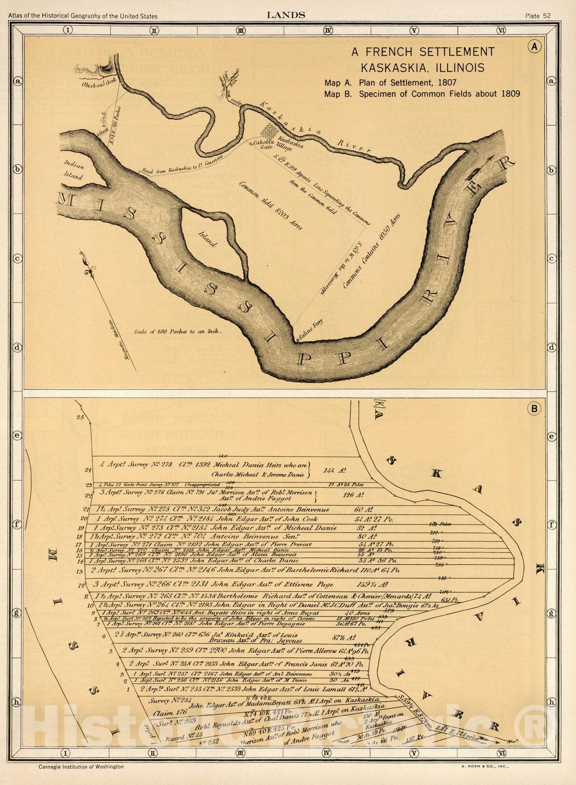 Historic Map : Historical Atlas Map, Plate 52. Lands. Kaskaskia, Illinois 807; Specimen of Common Fields about 1809 (Facsimiles). 1809 - Vintage Wall Art