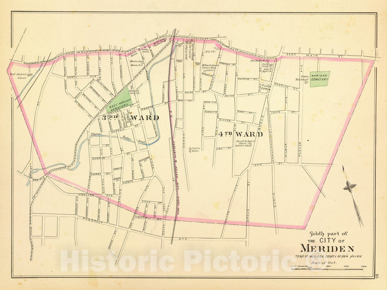 Historic Map : State Atlas Map, Meriden south. 1893 - Vintage Wall Art