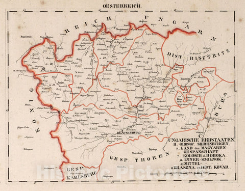 Historic Map : Austria,2. Oesterreich. C. Ungarische erbstaaten, II. Grossf: Siebenburgen. a.Land der Magyaren. Gespanschaft 7-12 1828 , Vintage Wall Art