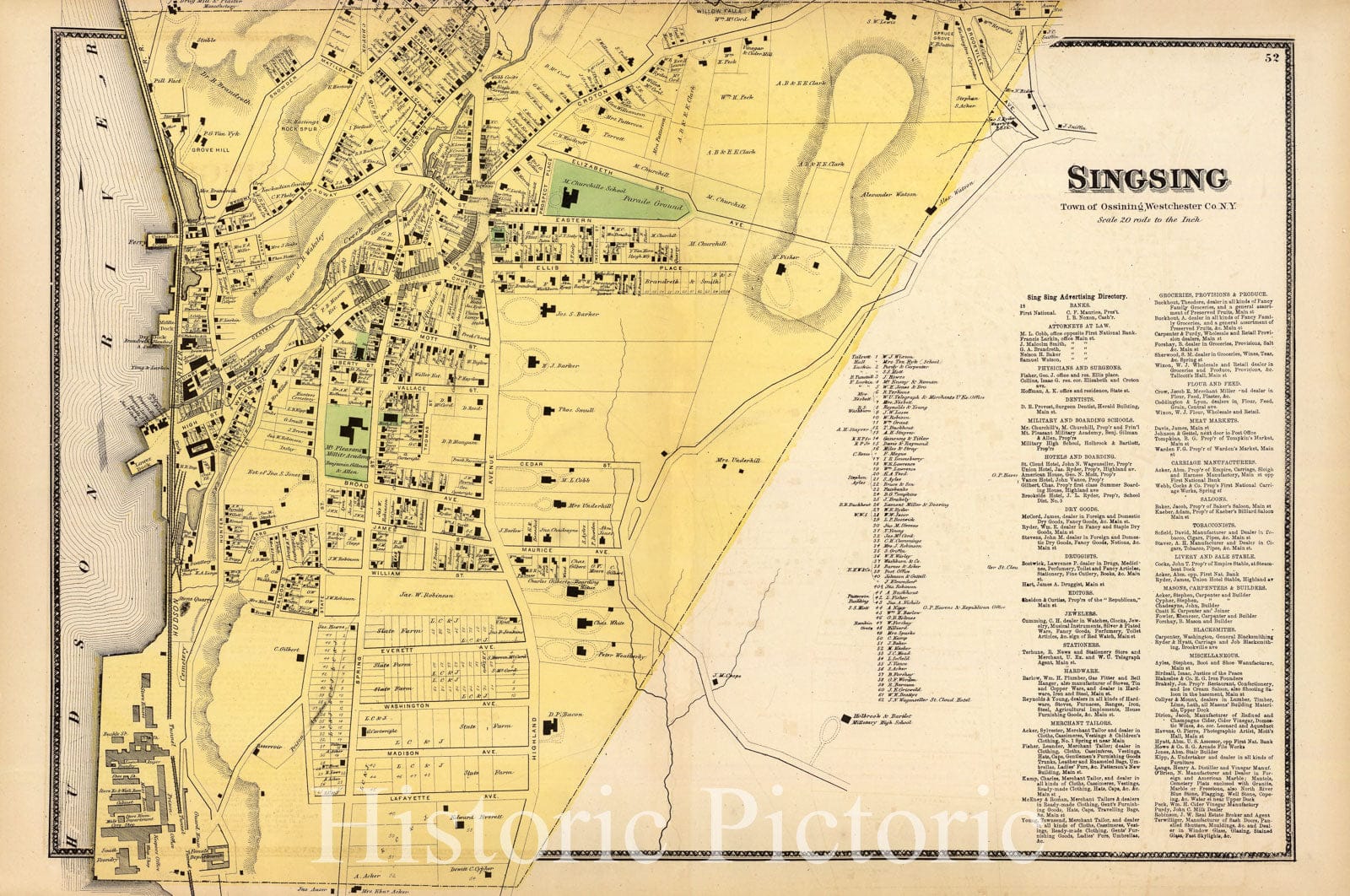 Historic Map : Ossining (N.Y.), New York, County Atlas Map, Singsing. 1868 , Vintage Wall Art