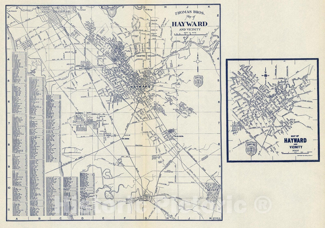 Historic Map : Thomas Bros. Map of Hayward and Vicinity. San Lorenzo. Russell City. Mt. Eden. Alta Vista, California, 1938 - Vintage Wall Art