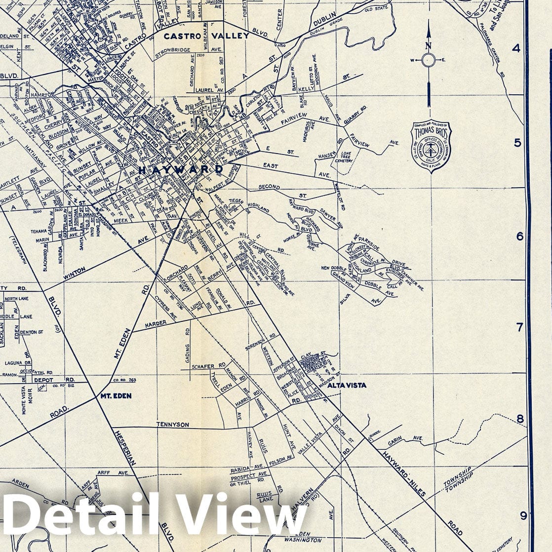 Historic Map : Thomas Bros. Map of Hayward and Vicinity. San Lorenzo. Russell City. Mt. Eden. Alta Vista, California, 1938 - Vintage Wall Art