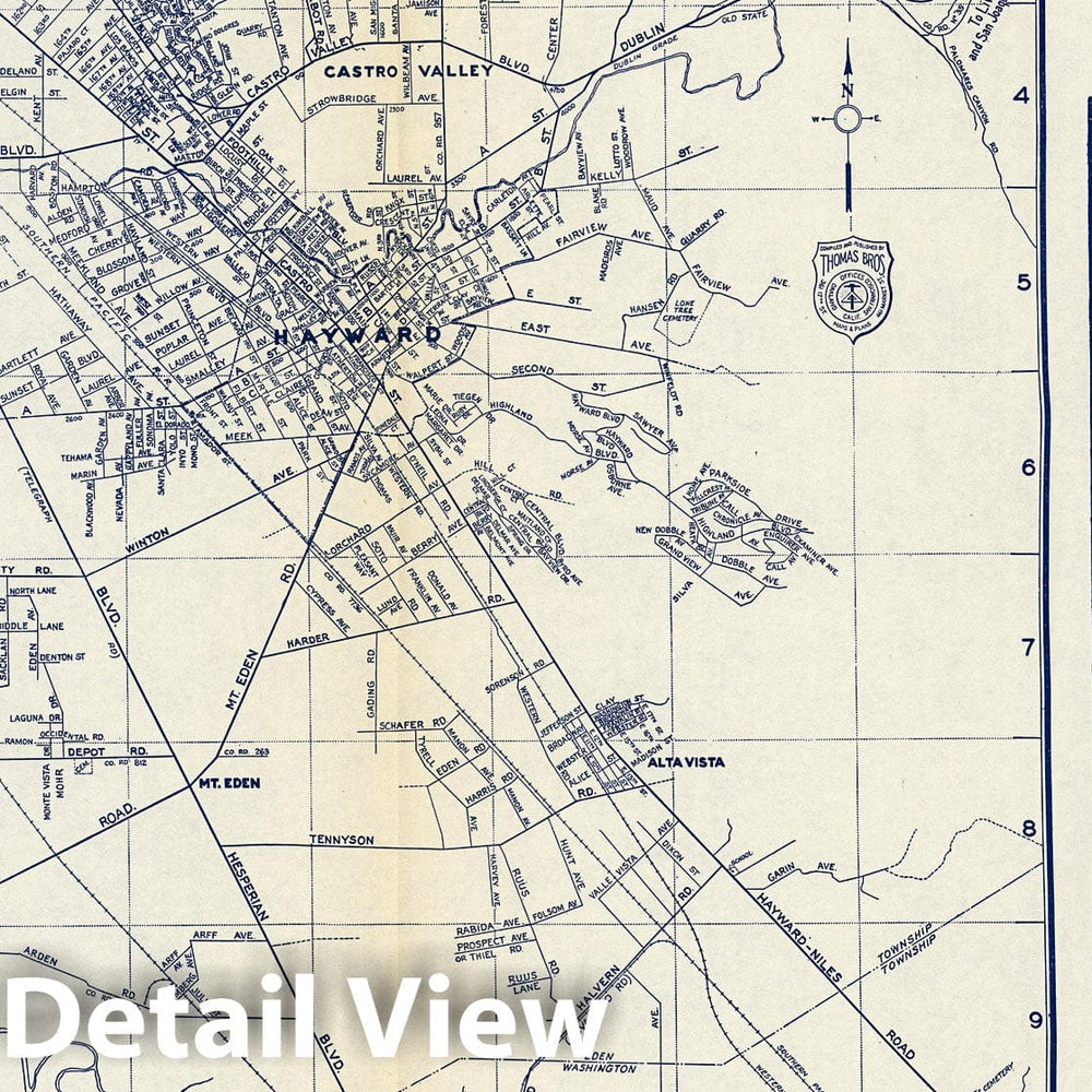 Historic Map : Thomas Bros. Map of Hayward and Vicinity. San Lorenzo. Russell City. Mt. Eden. Alta Vista, California, 1938 - Vintage Wall Art