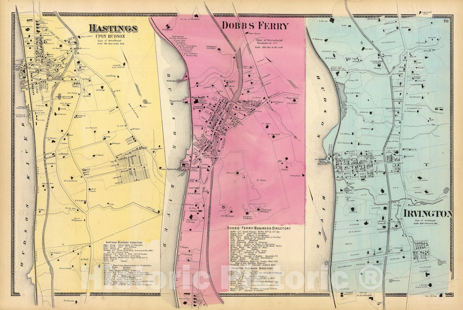 Historic Map Atlas Map, Hastings on Hudson, Dobbs Ferry, Irvington. Historic Pictoric