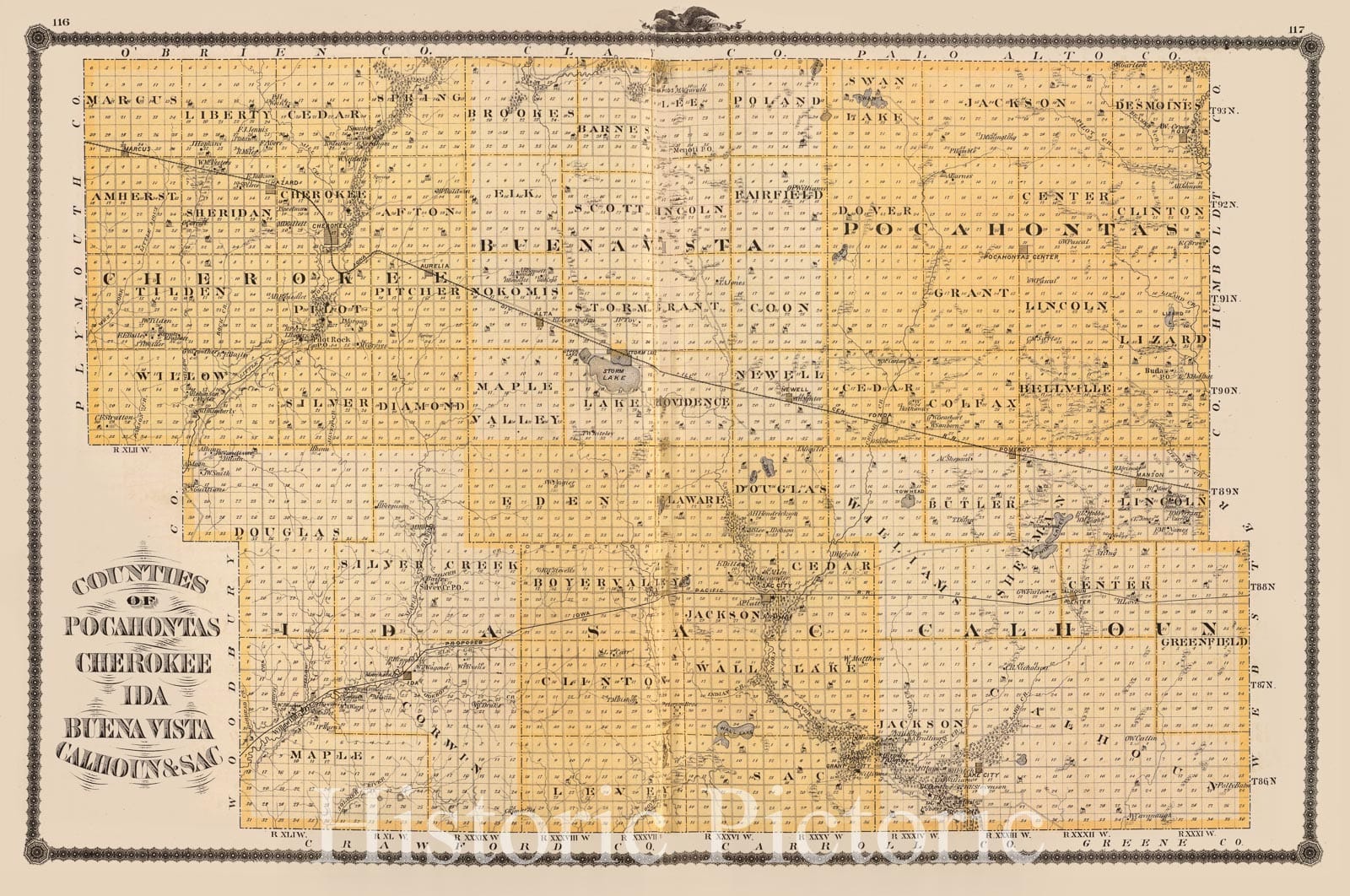 Historic Map : State Atlas Map, Counties of Pocahontas, Cherokee, Ida, Buena Vista, Calhoun & Sac. 1875 - Vintage Wall Art