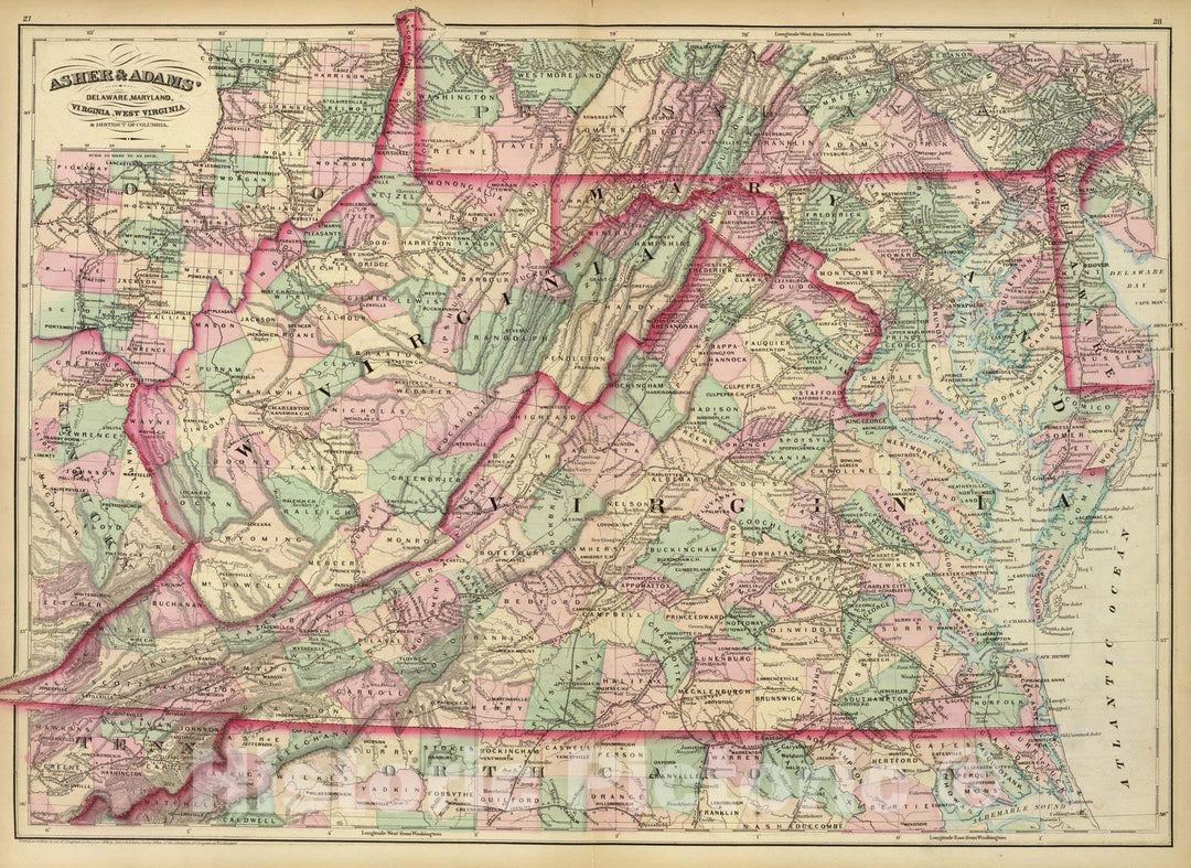 Historic Map : Delaware, Dela, Md, Va, W. Va, D.C. 1874 , Vintage Wall Art