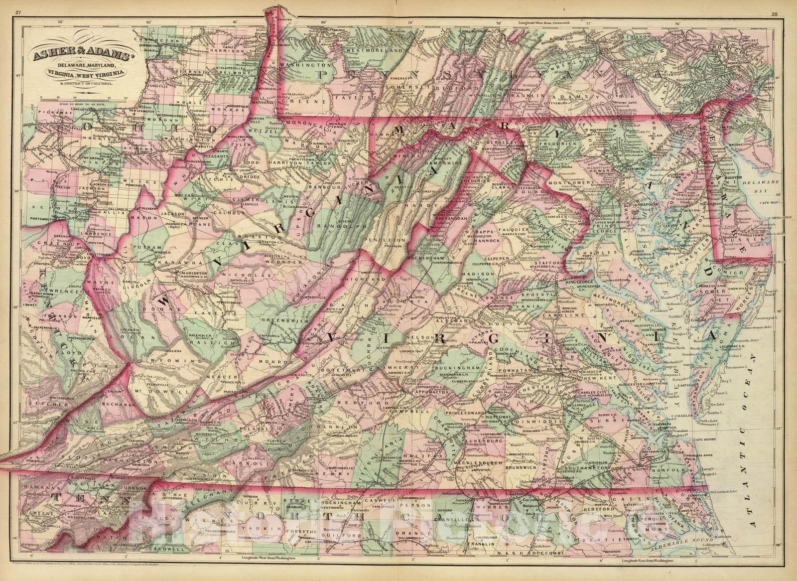 Historic Map : Delaware, Dela, Md, Va, W. Va, D.C. 1874 , Vintage Wall Art