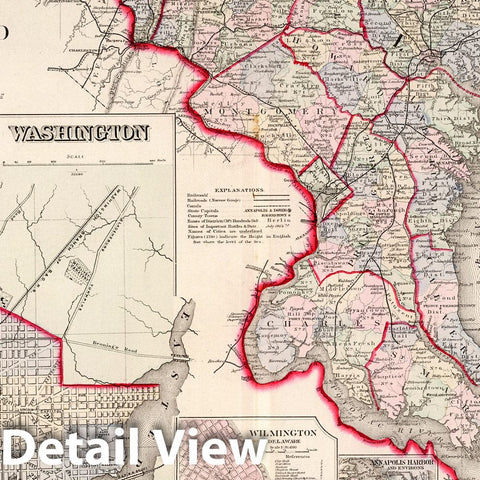 Historic Map : Maryland, Delaware and the District of Columbia. 1876 - Vintage Wall Art