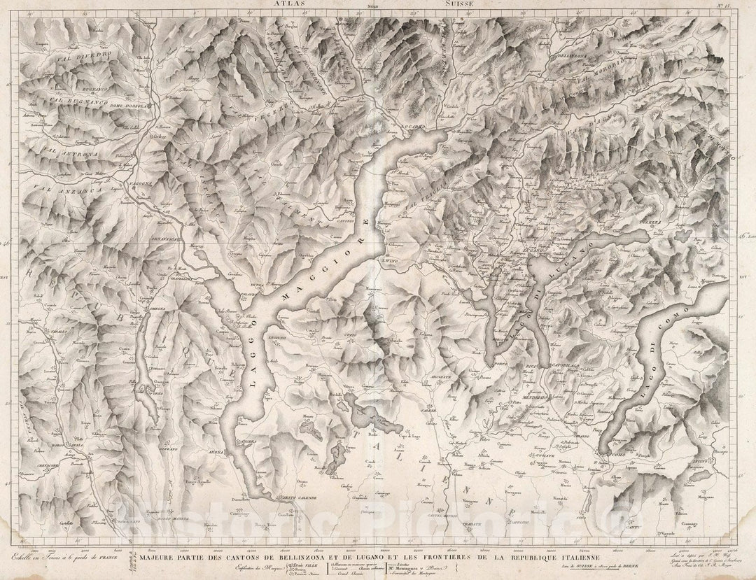 Historic Map : Switzerland, No. 15. Majeure Partie des Cantons de Bellinzona et de Lugano et les Frontieres de la Republiqe Italienne. 1802 , Vintage Wall Art