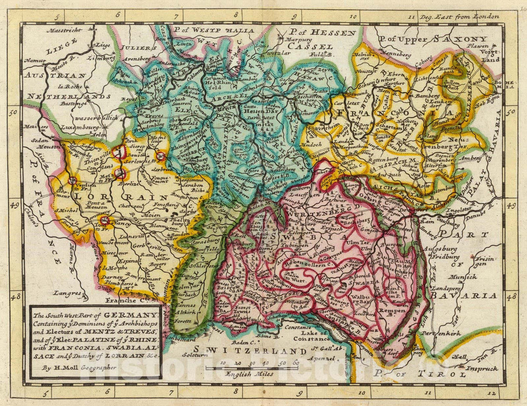 Historic Map : World Atlas Map, The south west part of Germany. 1736 ...