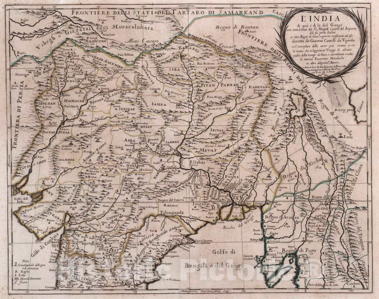 Historic Map : India, Indochina, AsiaL'India di qua e di la dal Gange ove sono li Stati del G. Mogol 1683 , Vintage Wall Art