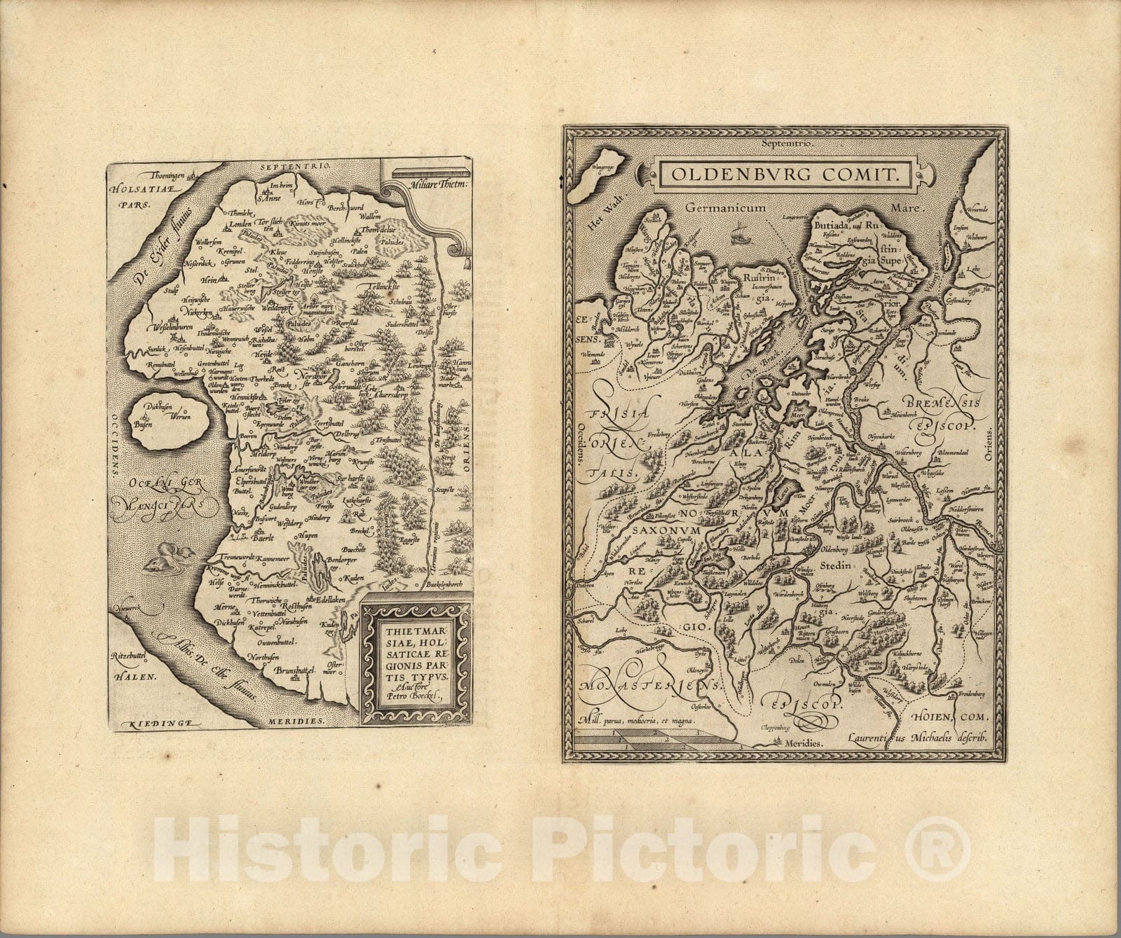 Historic Map : World Atlas Map, (58) Thietmarsiae, Holsaticae (with) Oldenburg. 1608 - Vintage Wall Art