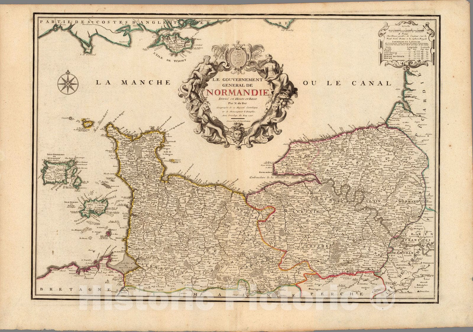 Historic Map : France, Normandie , FranceLe Gouvernment General De Normandie. 1710 , Vintage Wall Art