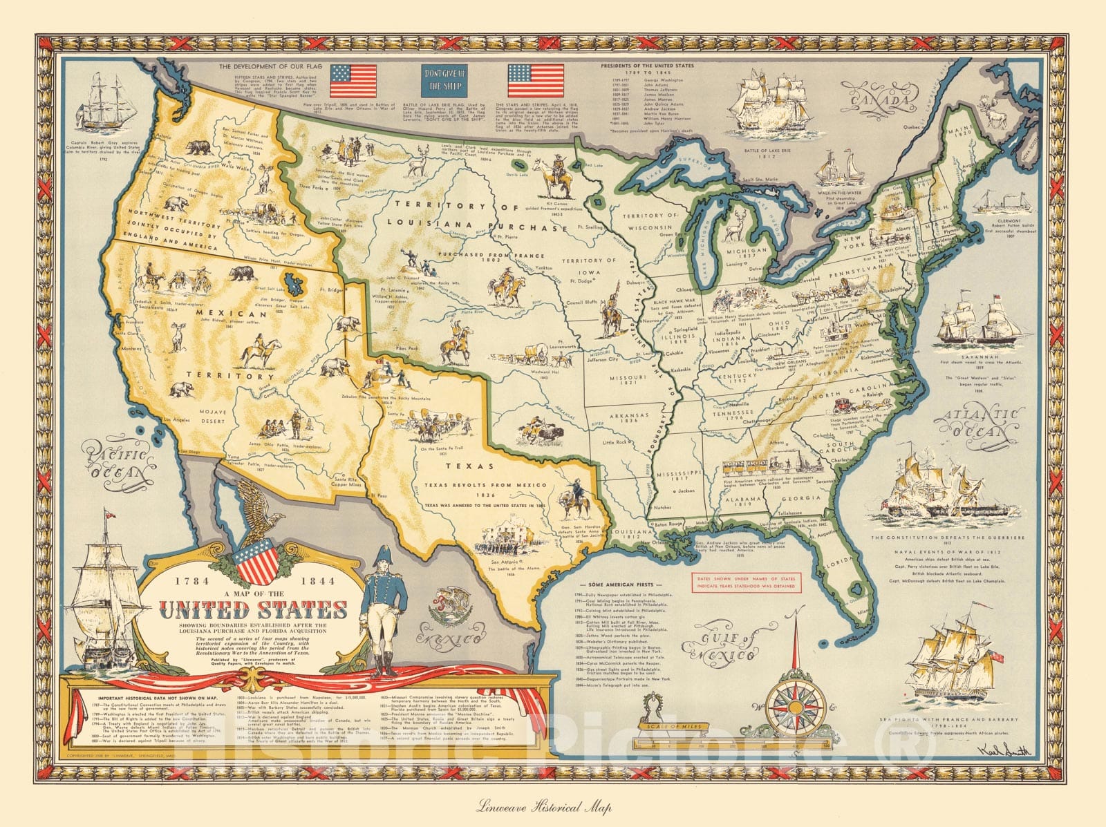 A Map of the United States Showing Boundaries Established after the Louisiana Purchase and Florida Acquisition.1784-1844. Published, 1958 - Vintage Wall Art