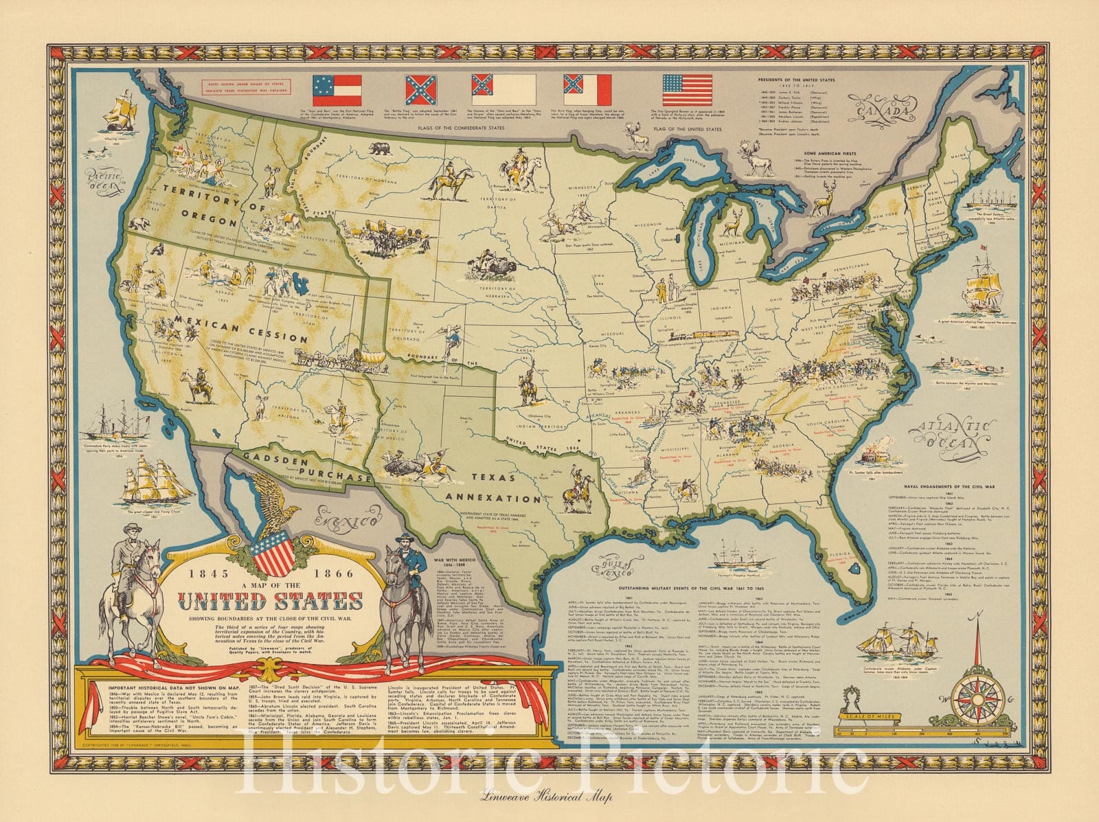 Historic Map : the United States Showing Boundaries at the Close of the Civil War. 1845-1866 Published, 1959 - Vintage Wall Art