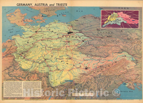 Historic Map : World Atlas Map, Germany, Austria and Trieste 1954 - Vintage Wall Art