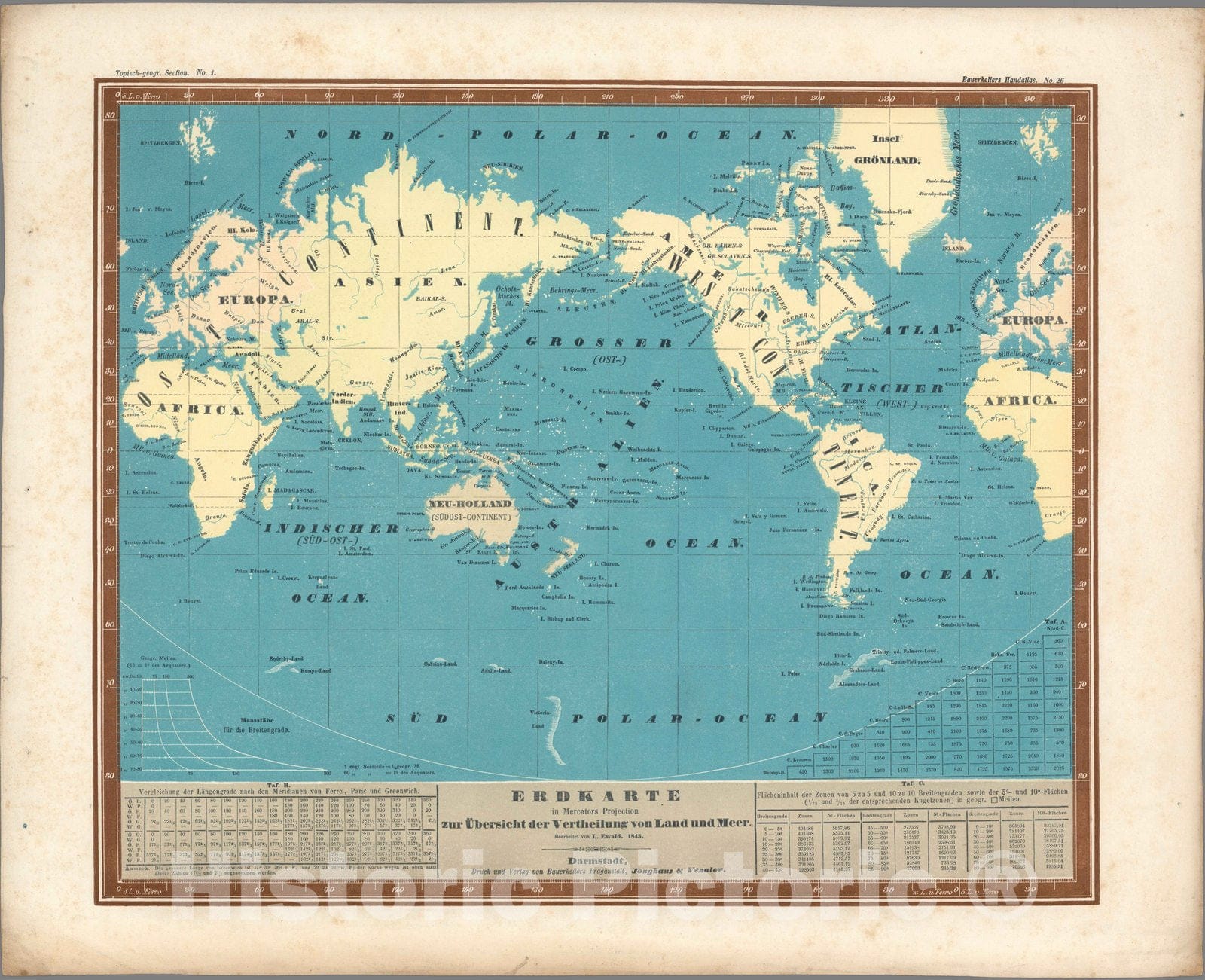 Historic Map : World Atlas Map, No. 26. Erdkarte in Mercators Projection zur Uebersicht der Vertheilung von Land und Meer. 1845 - Vintage Wall Art