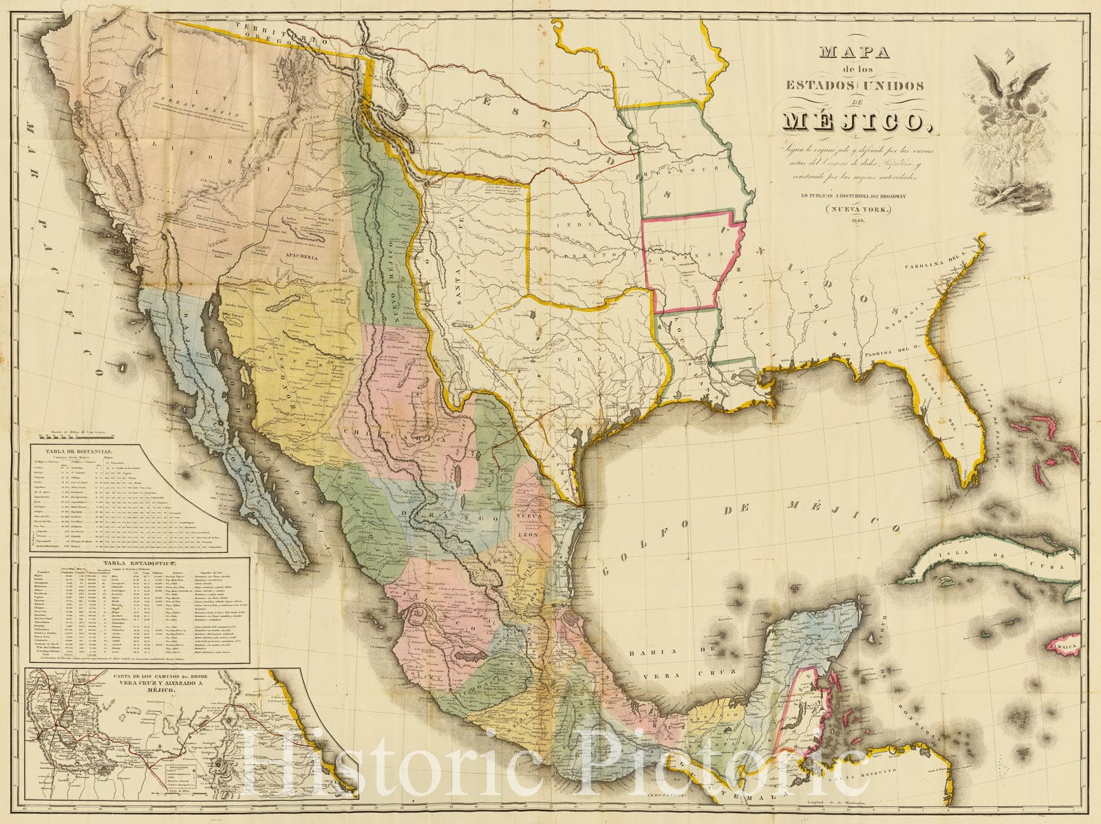 Historic Wall Map : Mexico, U.S. West, Mapa de los Estados Unidos De Mejico, 1846 , Vintage Wall Art