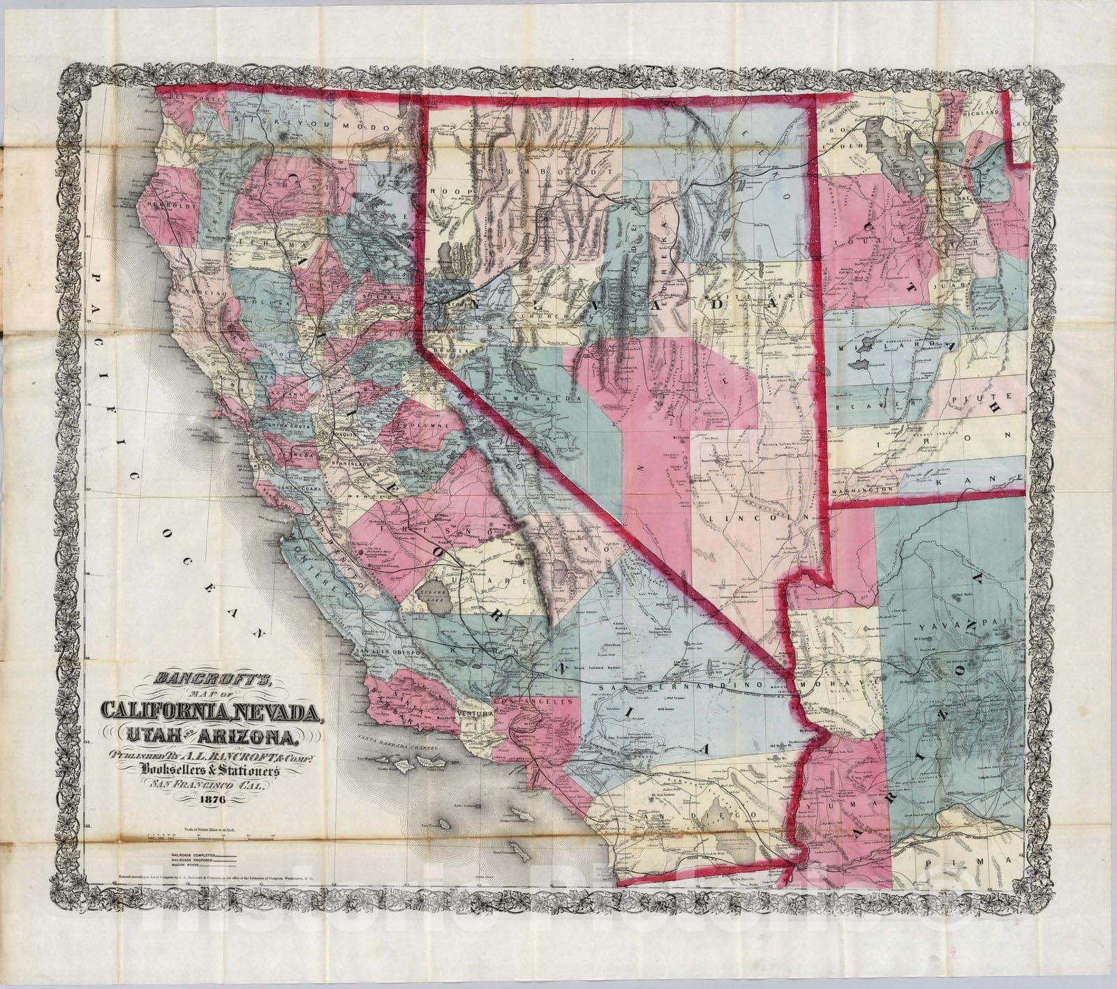 Historic Wall Map : Pocket Map, California, Nevada, Utah And Arizona 1876 - Vintage Wall Art