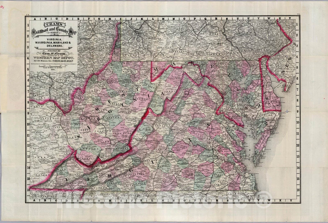 Historic Map : Railroad & County Map of Virginia, W. Virginia, Maryland and Delaware, 1881 - Vintage Wall Art