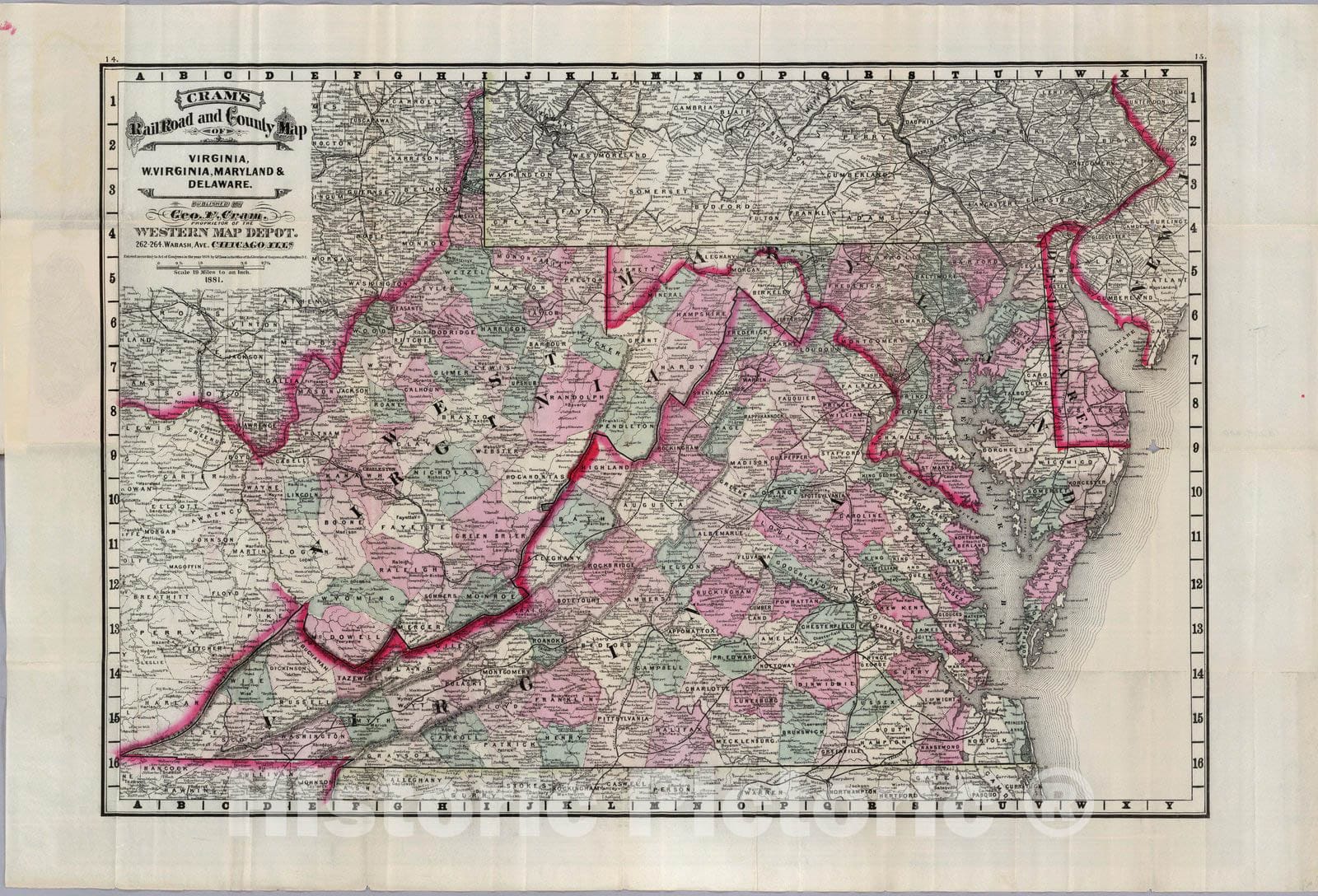 Historic Map : Railroad & County Map of Virginia, W. Virginia, Maryland and Delaware, 1881 - Vintage Wall Art