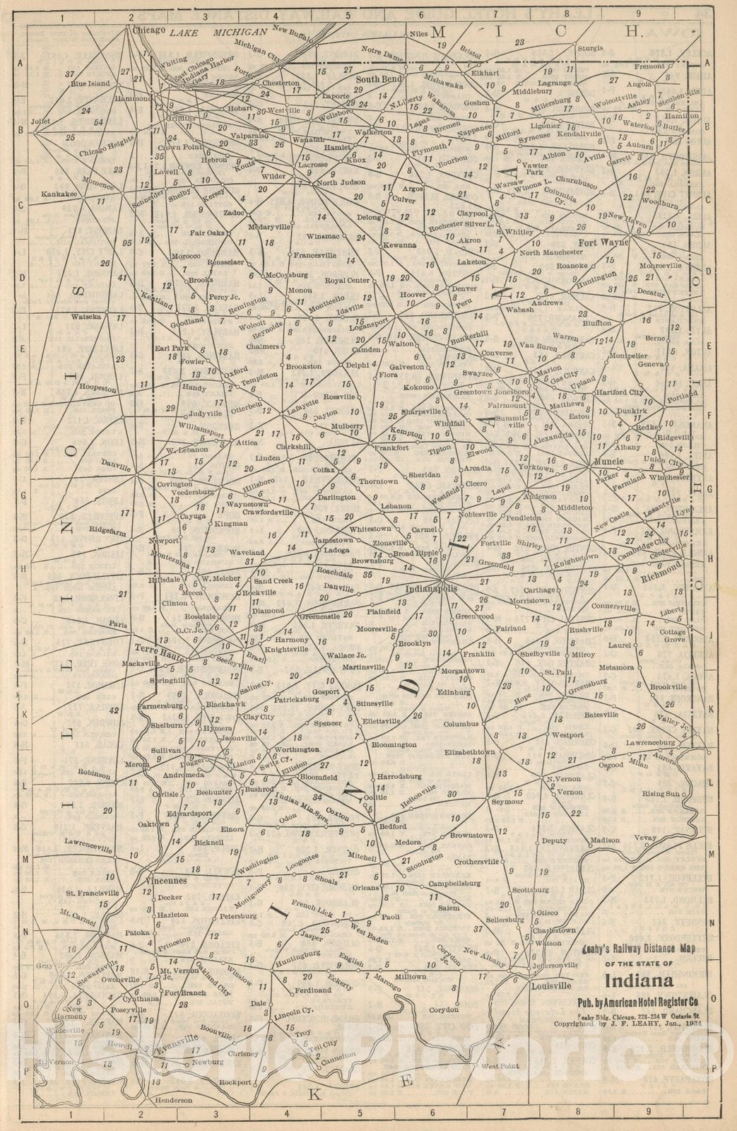 Historic Map : Railway Distance Map of the State of Indiana, 1934 - Vintage Wall Art