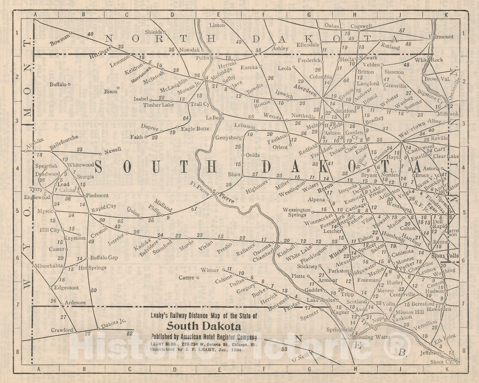 Historic Map : Railway Distance Map of the State of South Dakota, 1934 - Vintage Wall Art