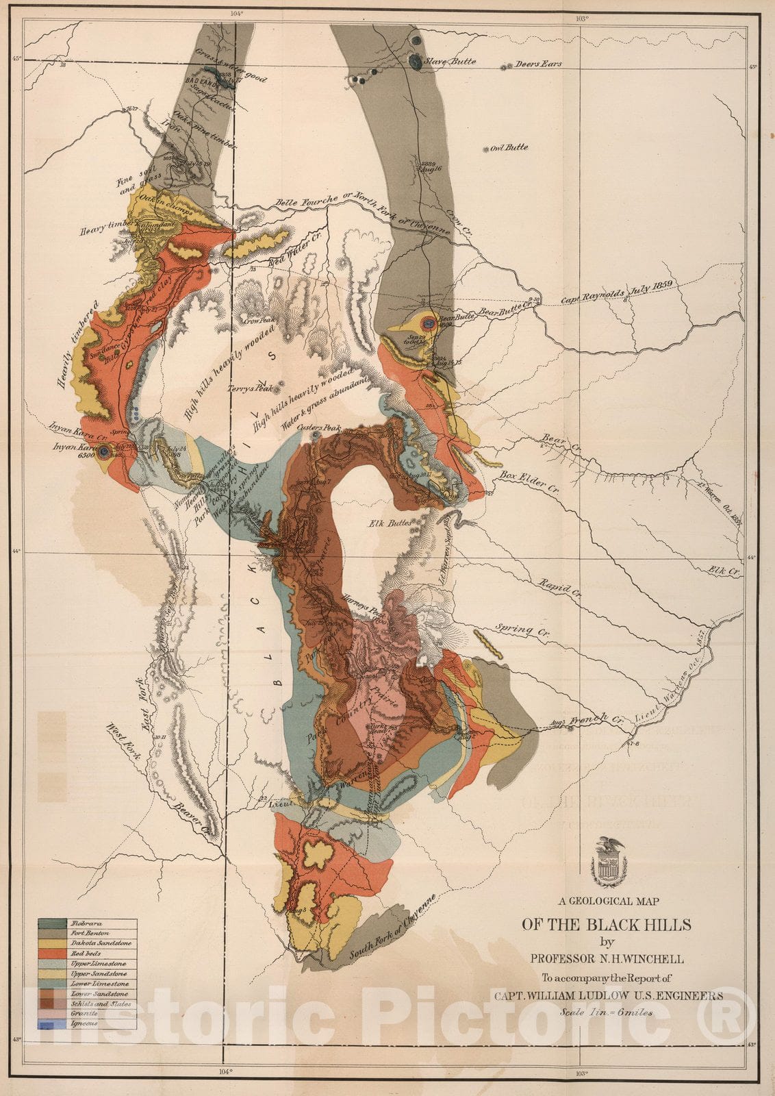 Historic Map - A geological map of the Black Hills: by Professor N.H. Winchell, 1874 - Vintage Wall Art