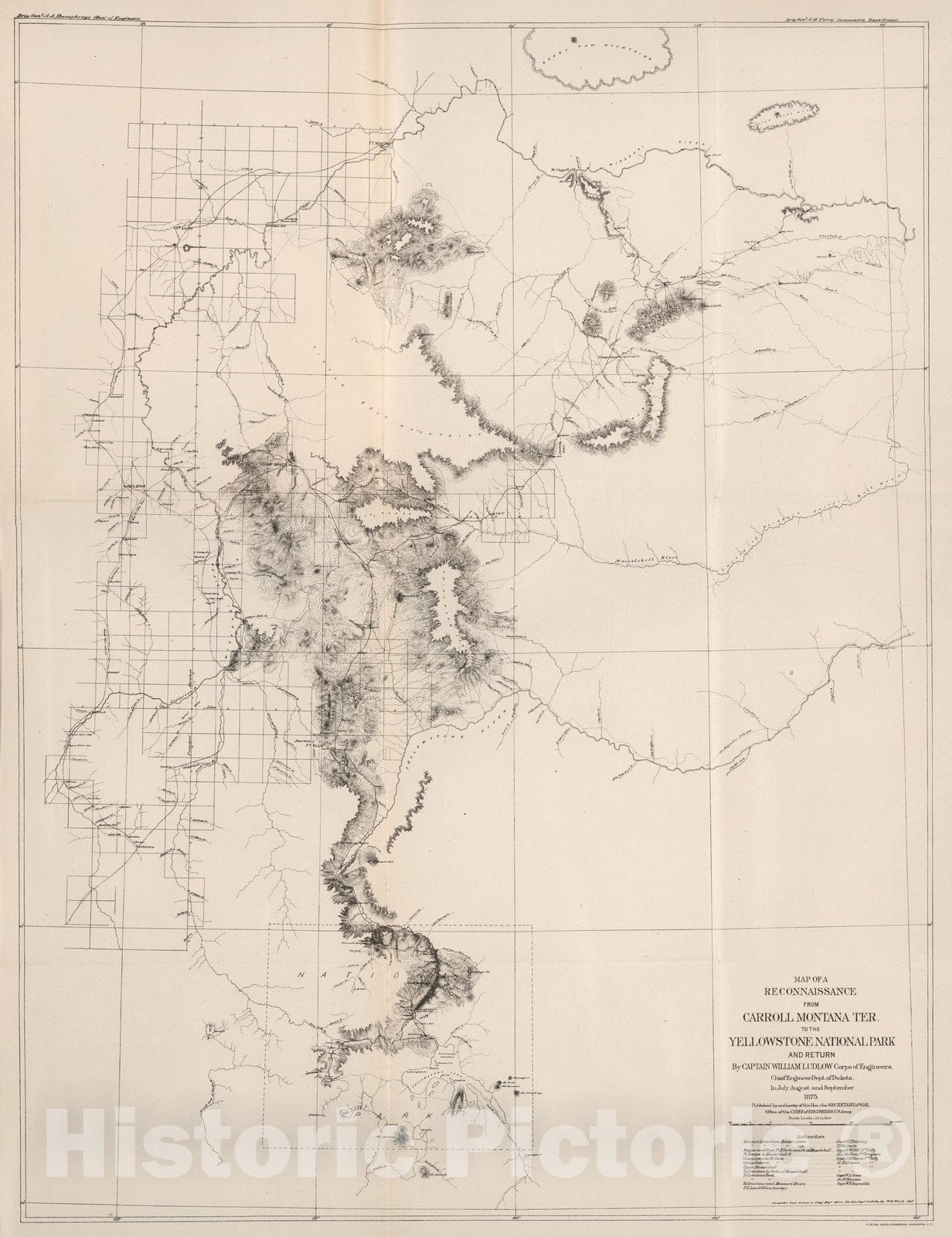 Historic Map : Map of a Reconnaissance From Carroll, Montana Ter. to the Yellowstone National Park, and Return, 1875 - Vintage Wall Art