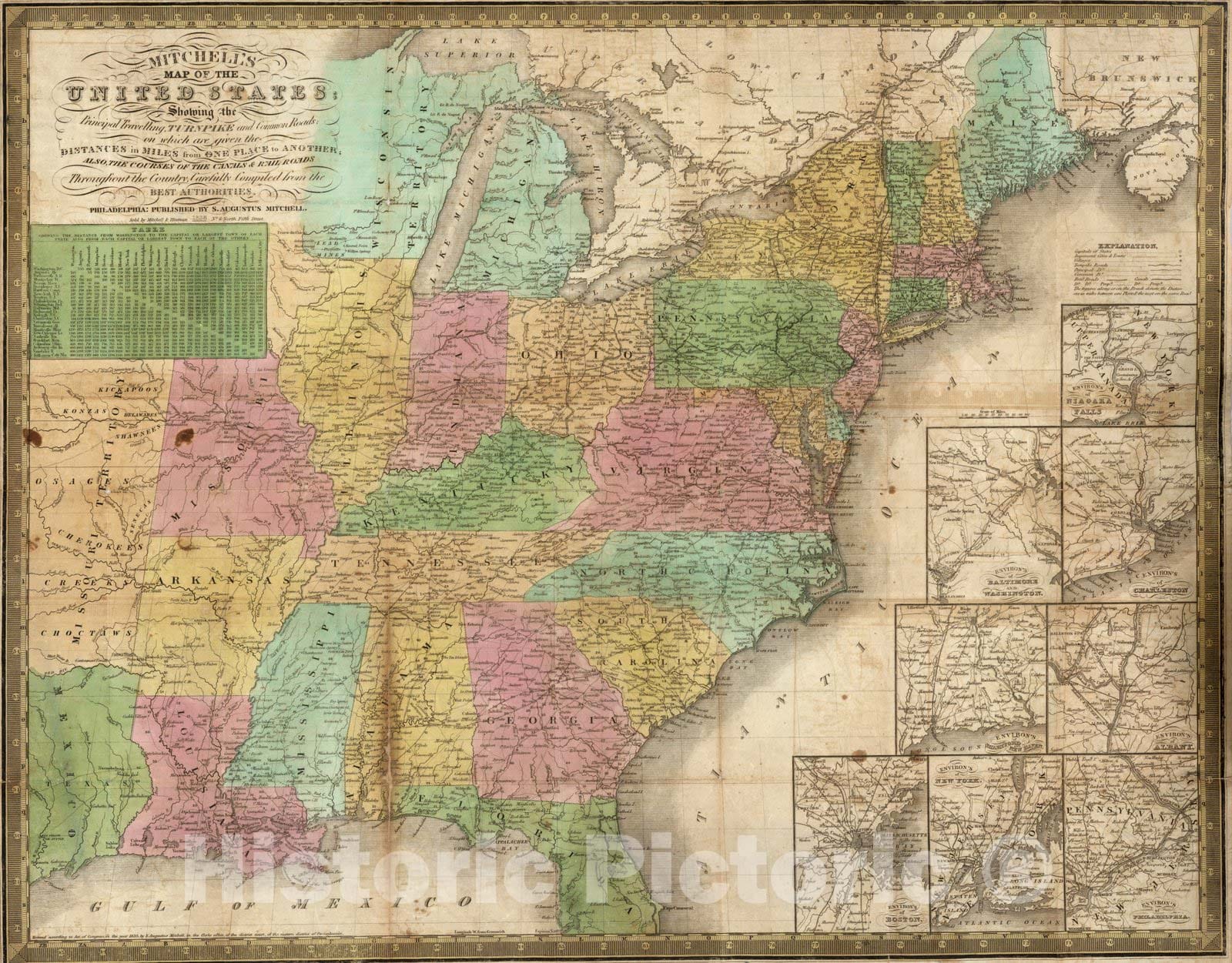 Historic Map : Map of The United States Showing the Principal Travelling, 1838 - Vintage Wall Art