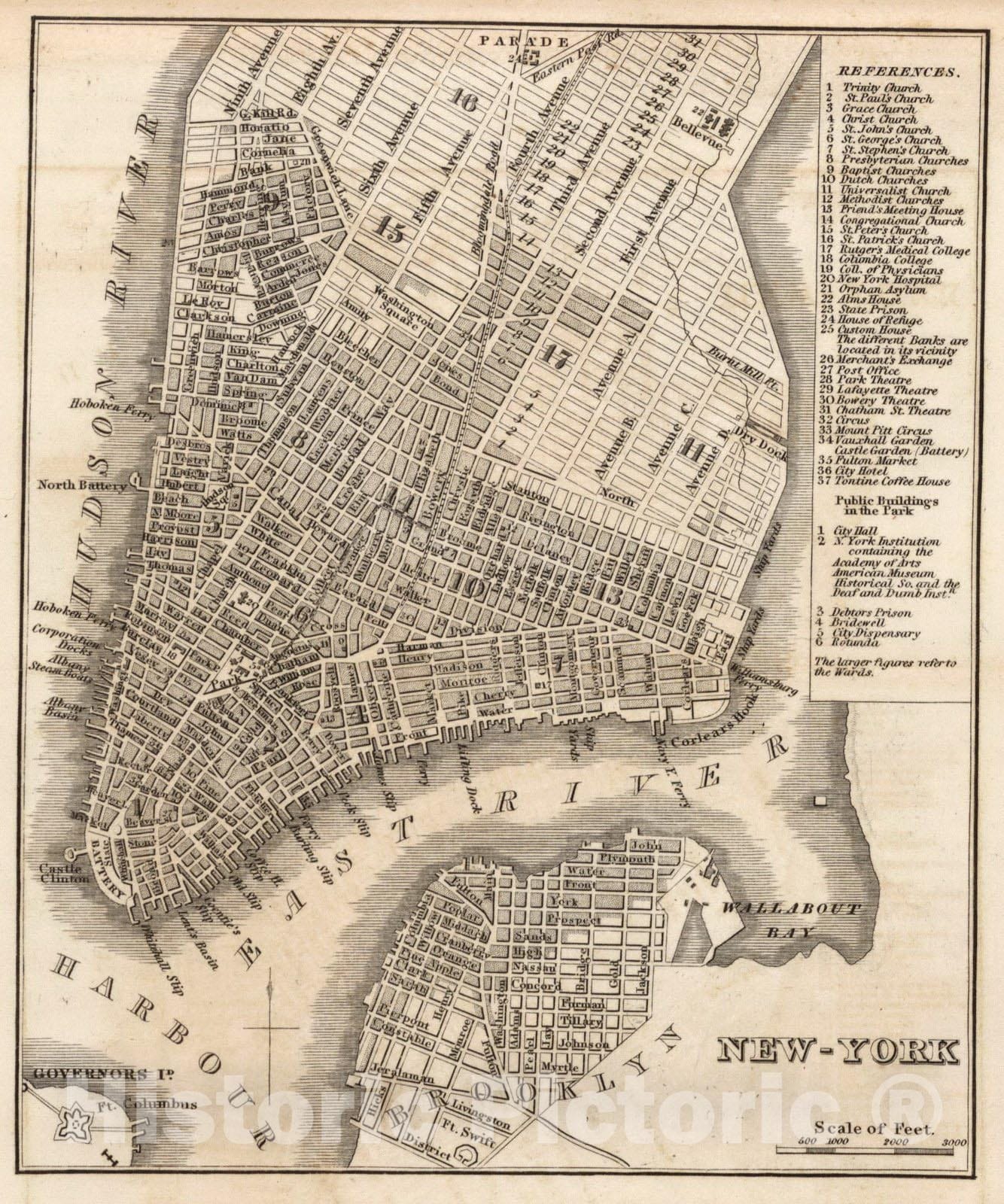 Historic Wall Map : Guide Book, New York 1844 - Vintage Wall Art
