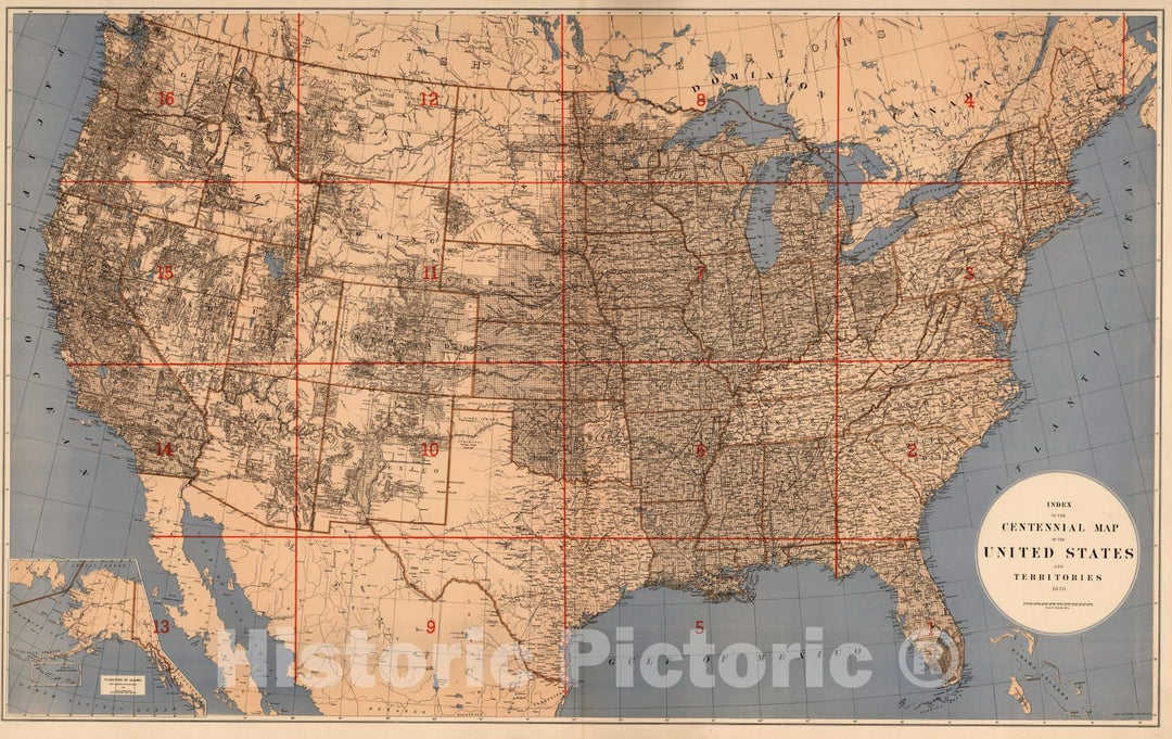 Historic Map : Index to the Centennial Map of The United States and Territories, 1878 - Vintage Wall Art