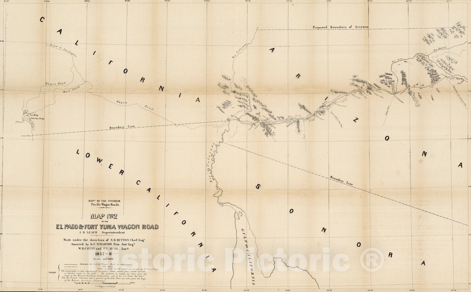 Historic Map : Map No. 2 of the El Paso & Fort Yuma Wagon Road, 1858 - Vintage Wall Art