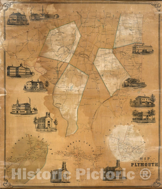 Historic Map : Map of The Town of Plymouth, 1852 - Vintage Wall Art