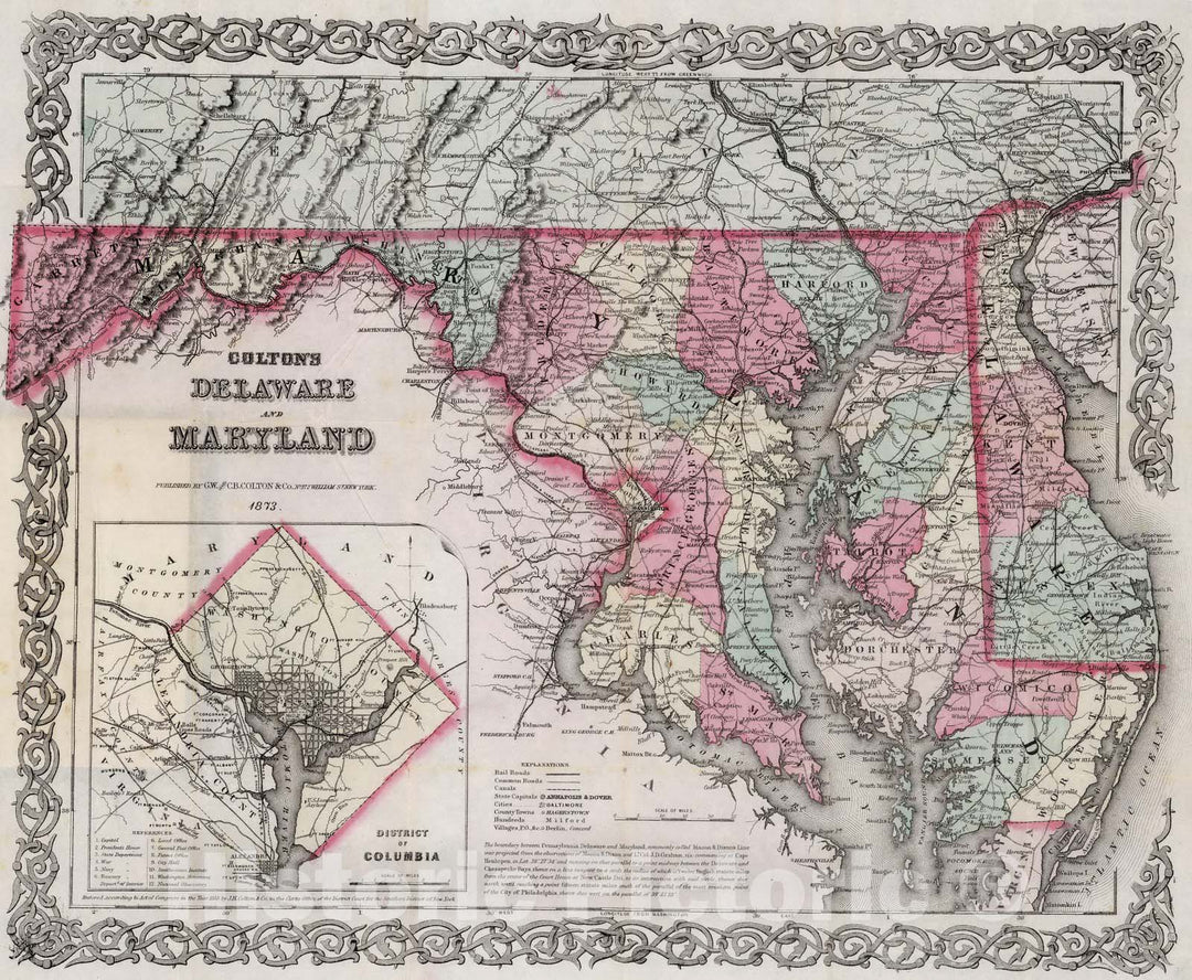 Historic Map : Pocket Map, Delaware And Maryland 1873 - Vintage Wall Art