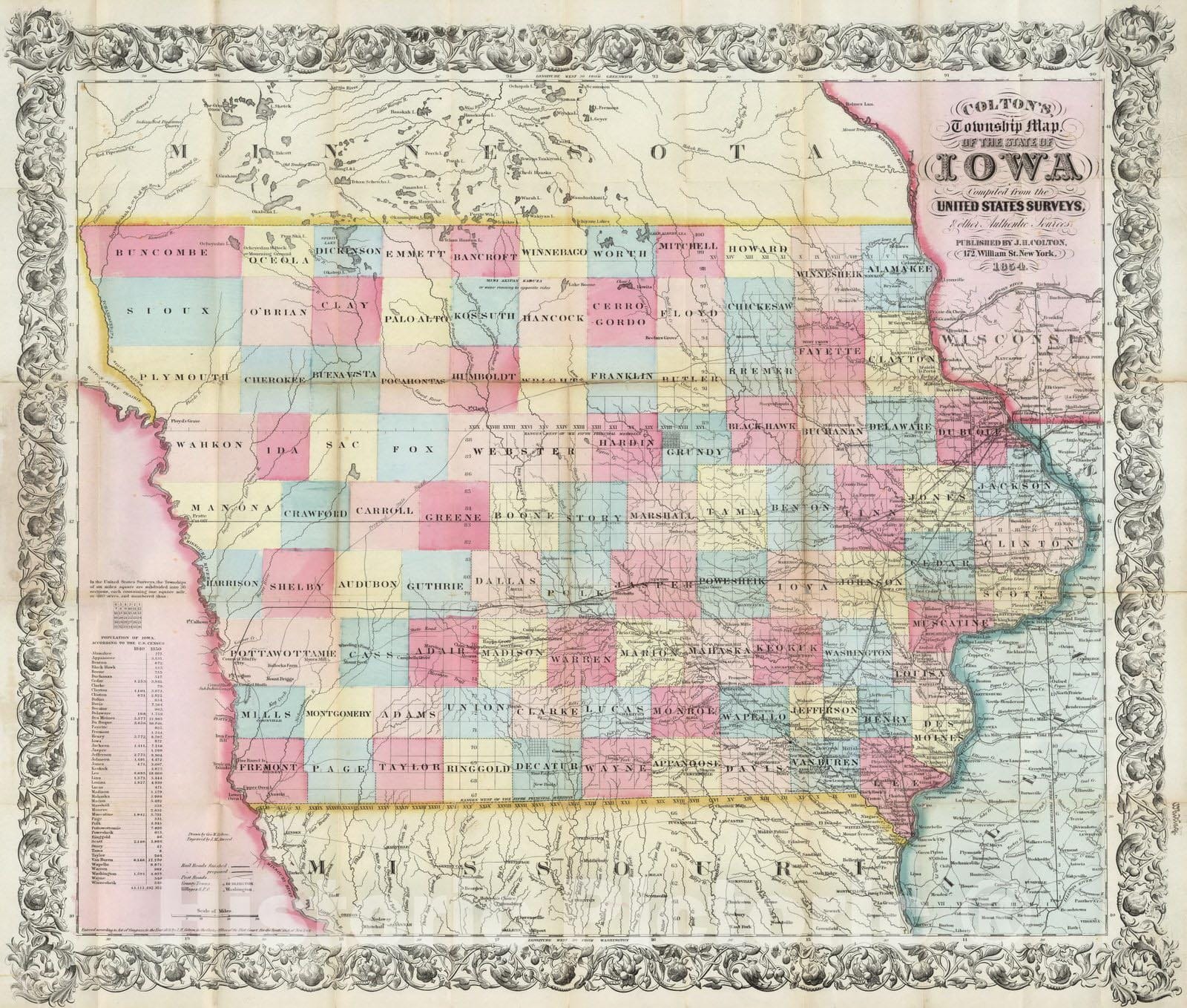 Historic Map : Township Map of The State of Iowa, 1854 - Vintage Wall Art
