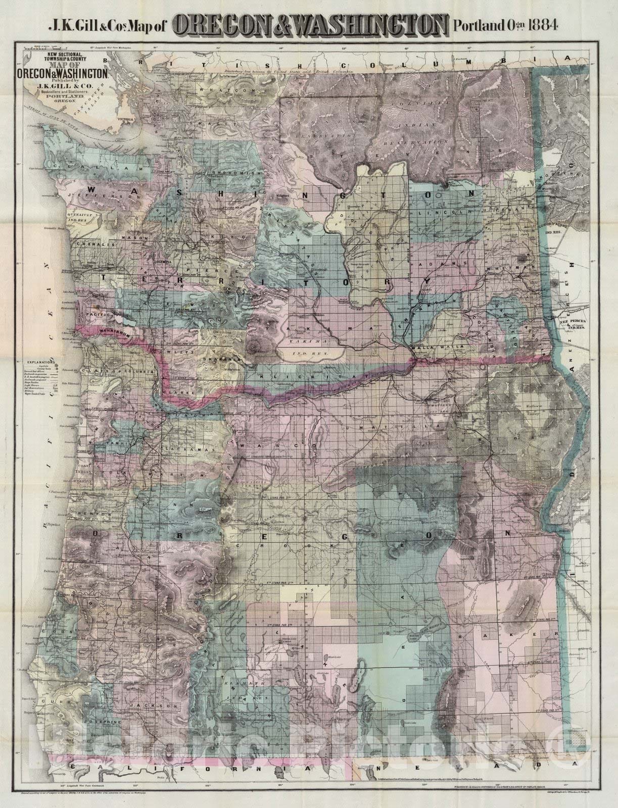 Historic Map : Pocket Map, Oregon And Washington 1884 - Vintage Wall Art